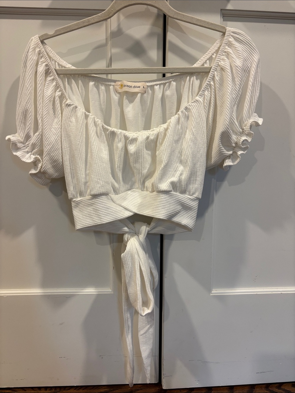 Ocean Drive White Ribbed Tie-Front Crop Top